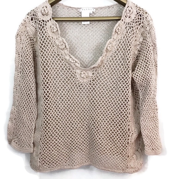 Spanner Crochet 3/4 Sleeve Open Knit V Neck Top